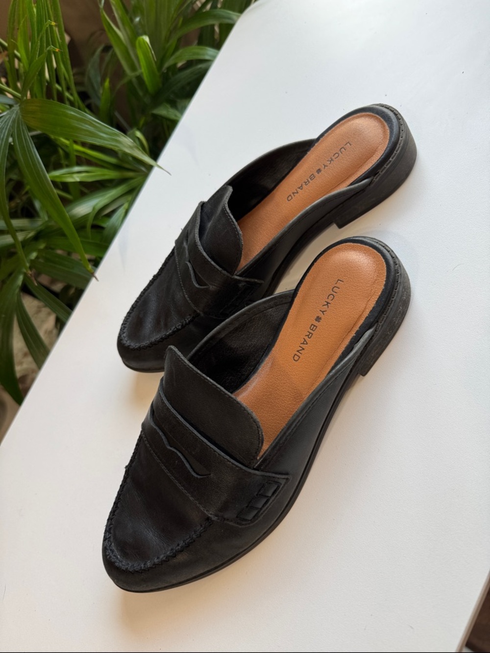 Lucky Brand Black Leather Penny-Style Mule Loafers